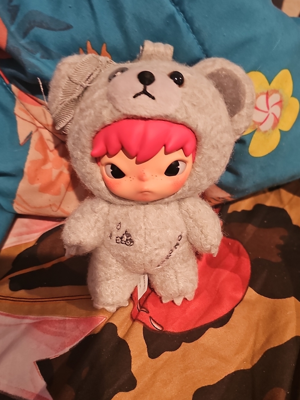 Gray Bear Costume Plush Doll with Pink Hair